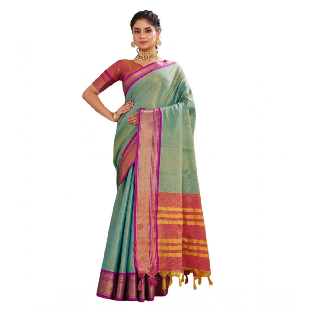 Generic Women's Silk Blended Jaquard Woven Saree With Unstitched Blouse 5.5Mtr (Light Green) - Image 2