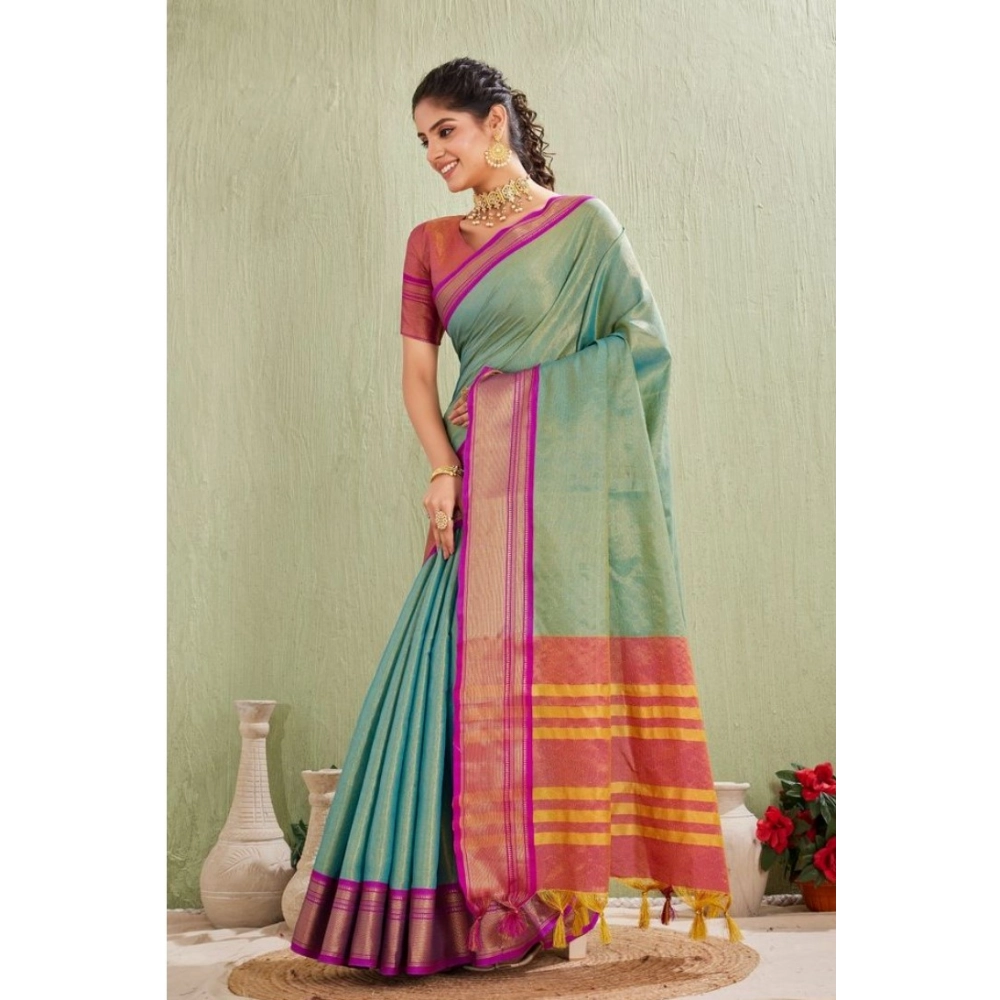 Generic Women's Silk Blended Jaquard Woven Saree With Unstitched Blouse 5.5Mtr (Light Green) - Image 5
