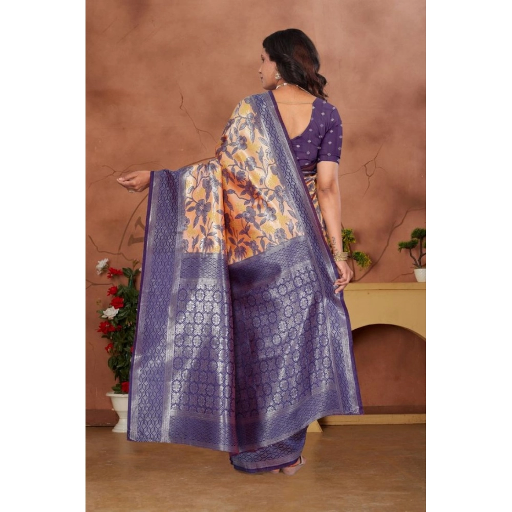 Generic Women's Banarasi Silk Jaquard Woven Saree With Unstitched Blouse 5.5Mtr (Orange) - Image 3