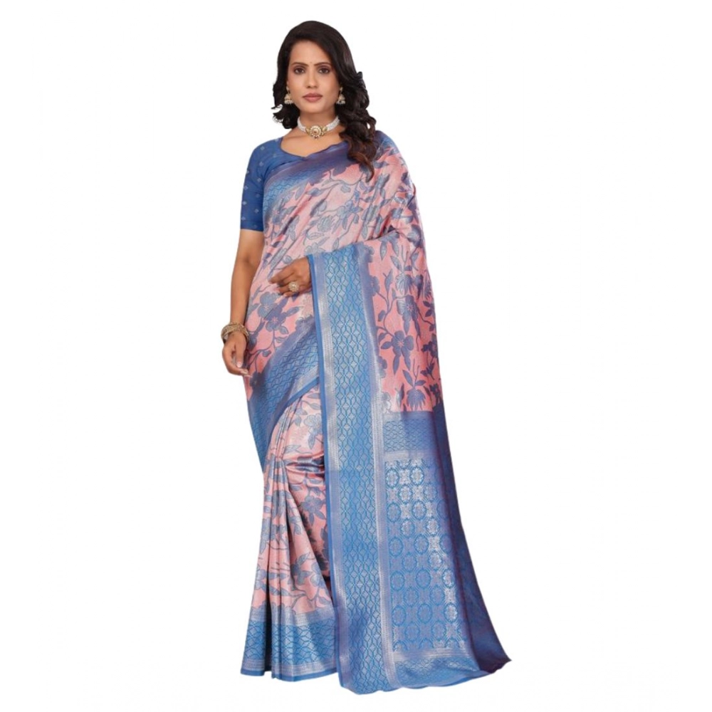 Generic Women's Banarasi Silk Jaquard Woven Saree With Unstitched Blouse 5.5Mtr (Pink) - Image 2