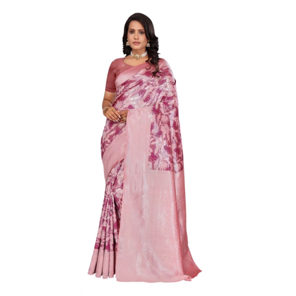 Generic Women's Banarasi Silk Jaquard Woven Saree With Unstitched Blouse 5.5Mtr (Pink) - Image 2