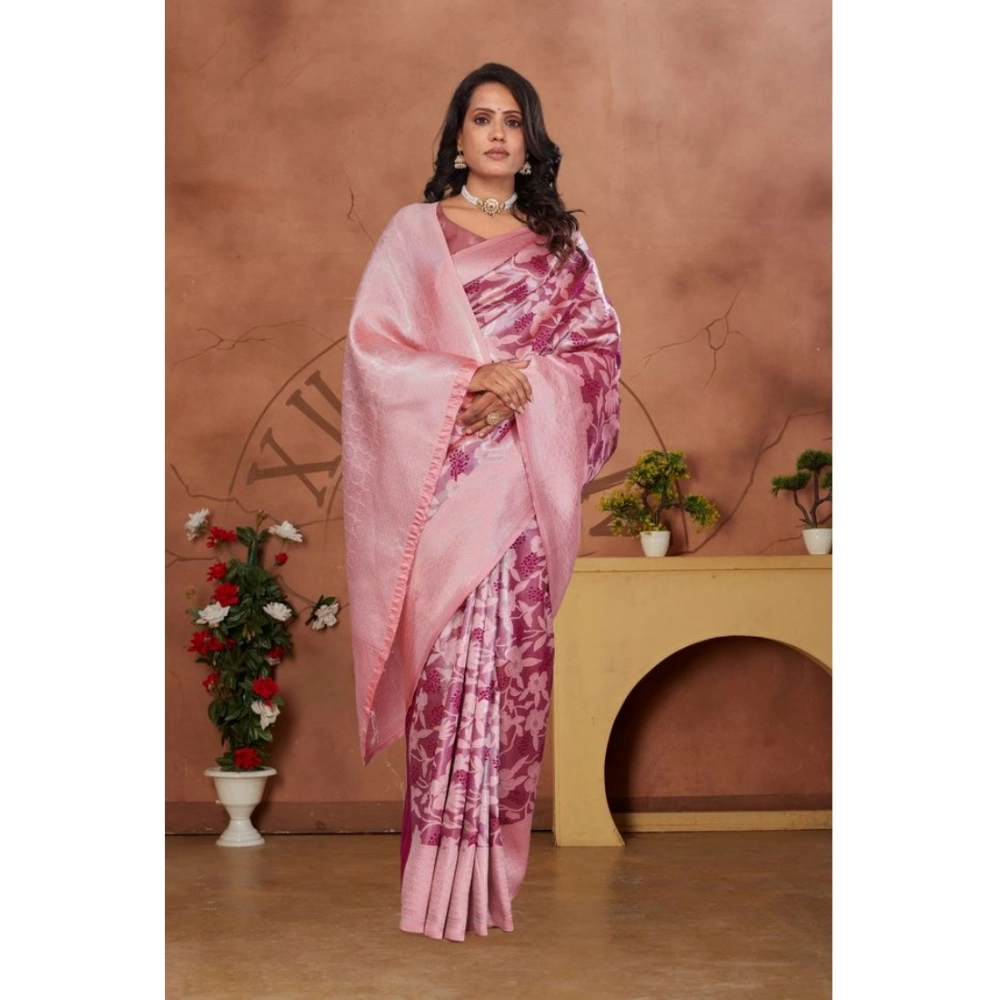 Generic Women's Banarasi Silk Jaquard Woven Saree With Unstitched Blouse 5.5Mtr (Pink) - Image 4