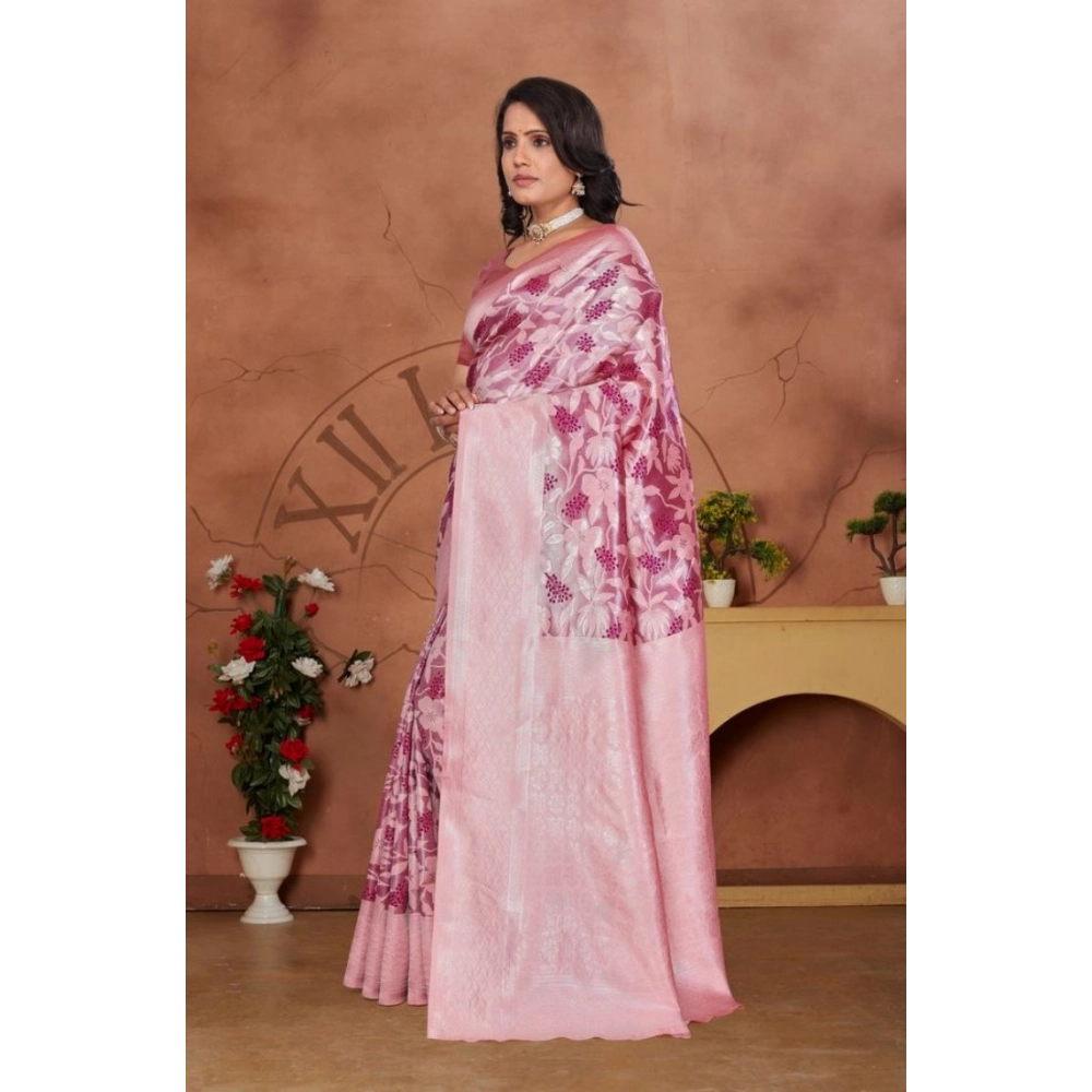 Generic Women's Banarasi Silk Jaquard Woven Saree With Unstitched Blouse 5.5Mtr (Pink) - Image 5