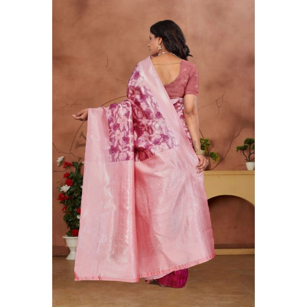 Generic Women's Banarasi Silk Jaquard Woven Saree With Unstitched Blouse 5.5Mtr (Pink) - Image 3
