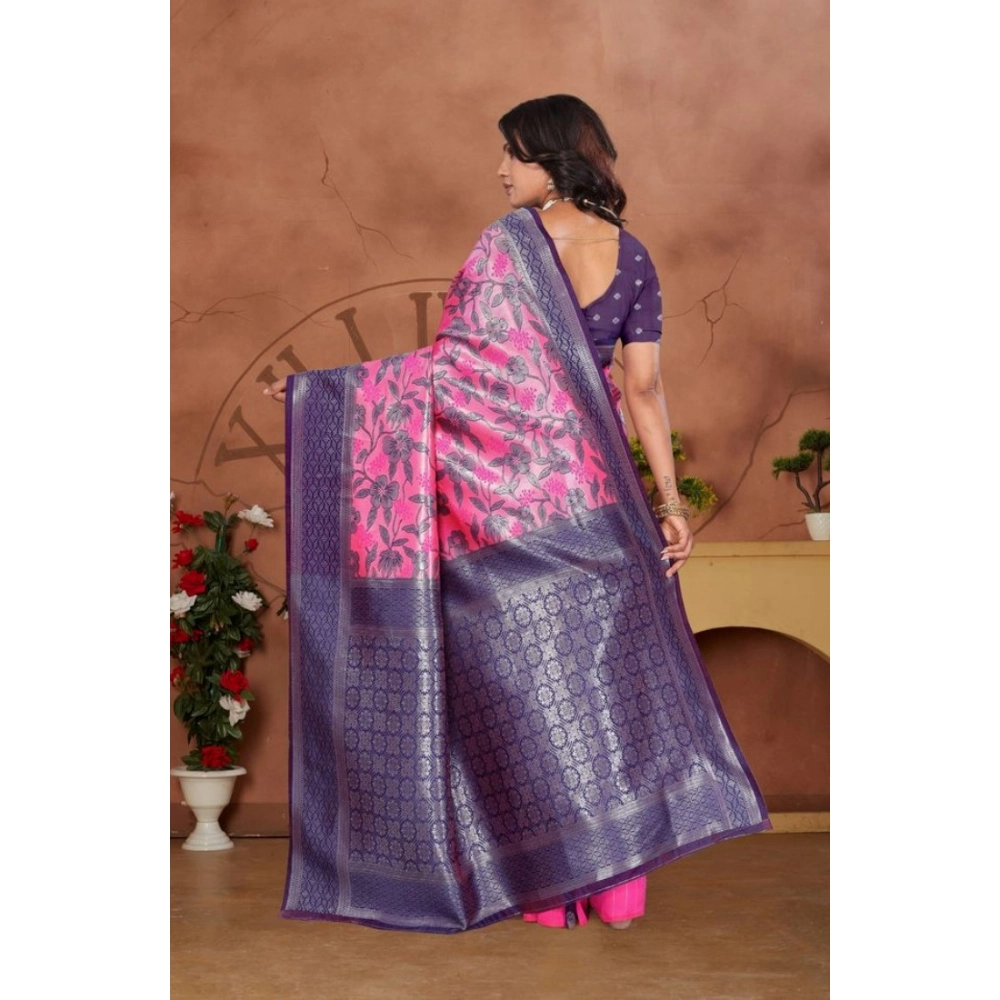 Generic Women's Banarasi Silk Jaquard Woven Saree With Unstitched Blouse 5.5Mtr (Pink) - Image 3