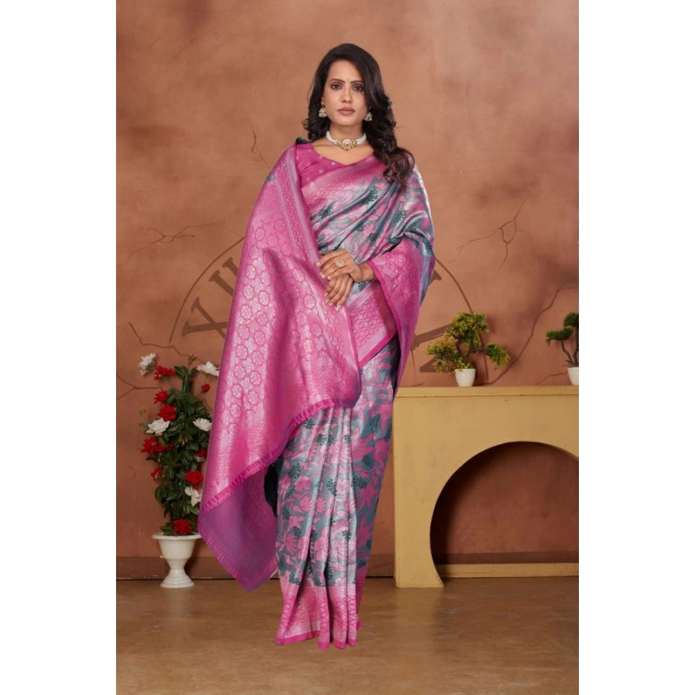 Generic Women's Banarasi Silk Jaquard Woven Saree With Unstitched Blouse 5.5Mtr (Pink) - Image 5