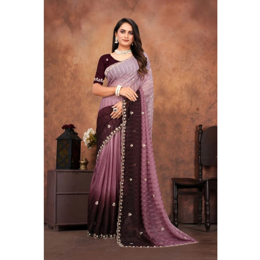 Generic Women's Chiffon Embroidred Saree With Unstitched Blouse 5.5Mtr (Beige) - Image 5