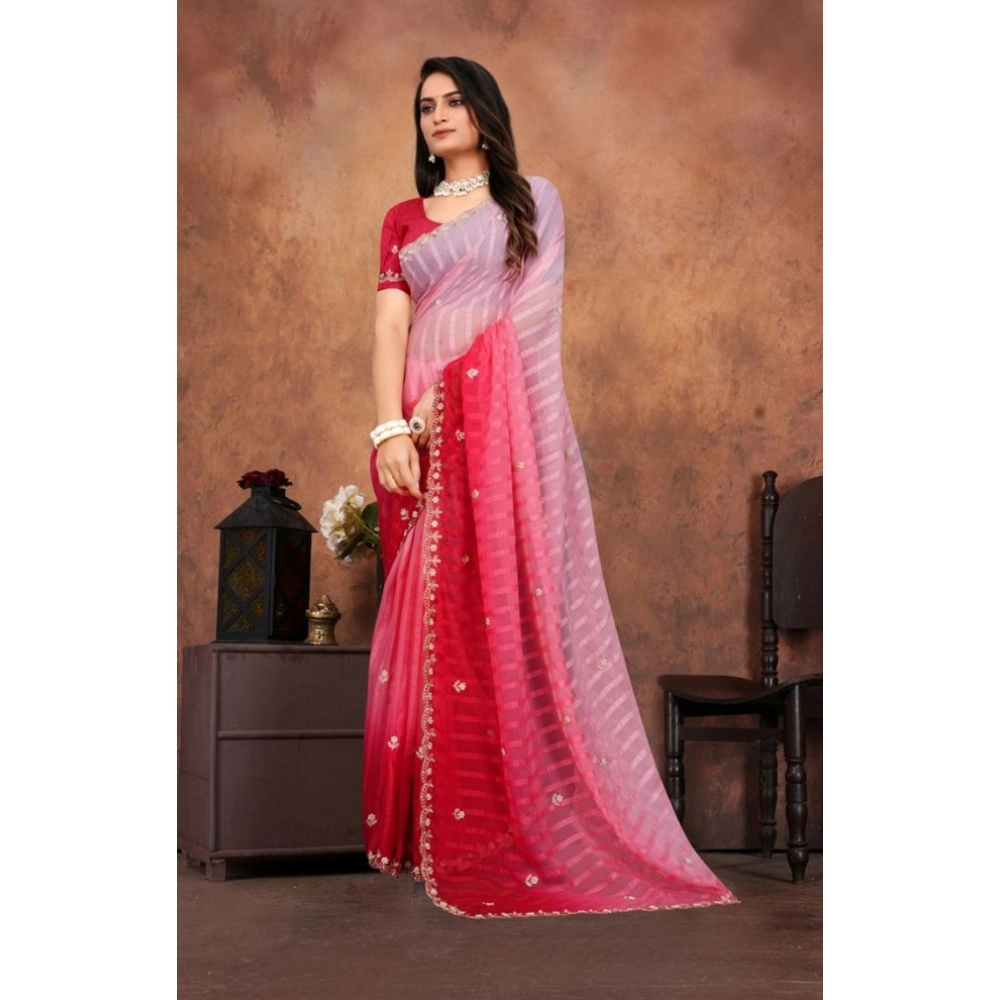Generic Women's Chiffon Embroidred Saree With Unstitched Blouse 5.5Mtr (Pink) - Image 4