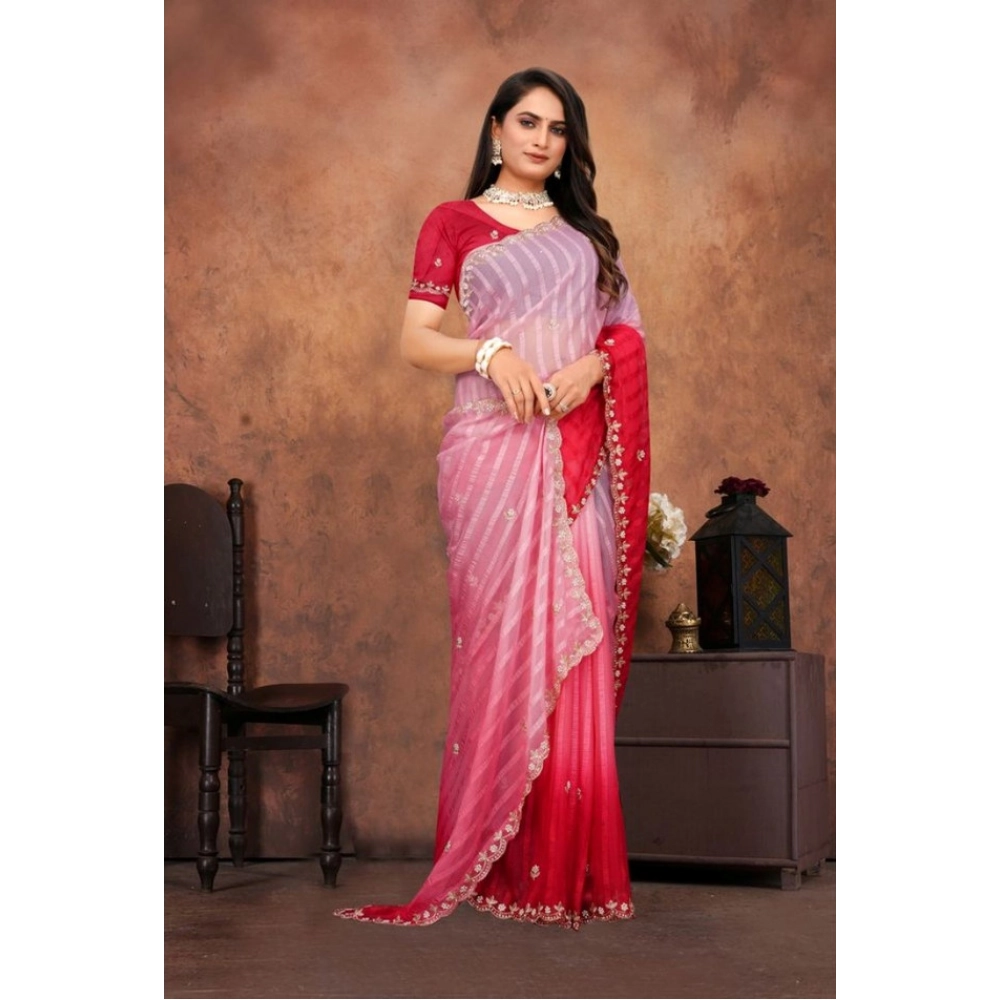 Generic Women's Chiffon Embroidred Saree With Unstitched Blouse 5.5Mtr (Pink) - Image 3