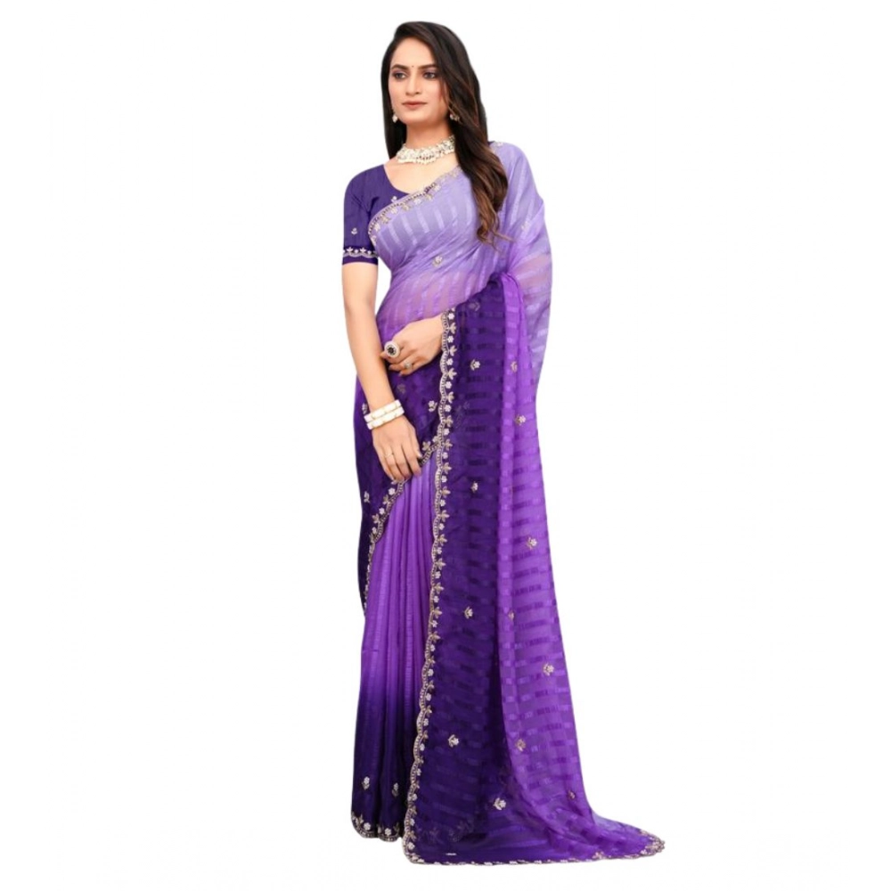 Generic Women's Chiffon Embroidred Saree With Unstitched Blouse 5.5Mtr (Purple) - Image 2