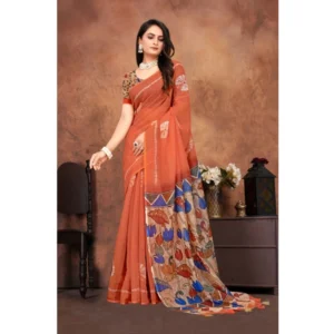 Generic Women's Linen Printed Saree With Unstitched Blouse 5.5Mtr (Red)