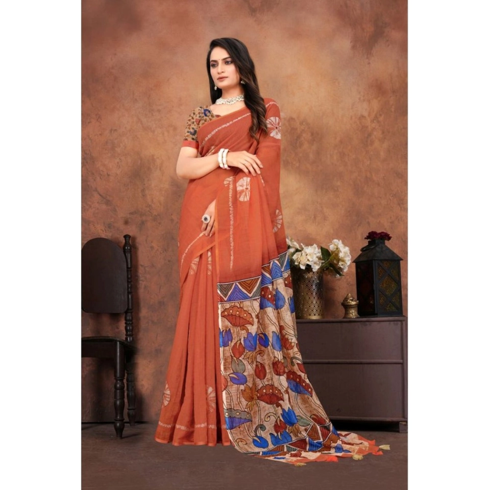 Generic Women's Linen Printed Saree With Unstitched Blouse 5.5Mtr (Red) - Image 5