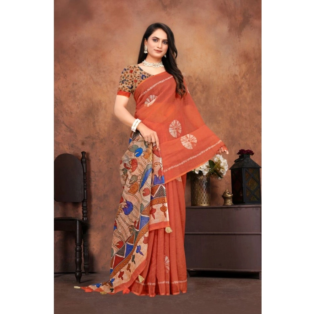 Generic Women's Linen Printed Saree With Unstitched Blouse 5.5Mtr (Red) - Image 4