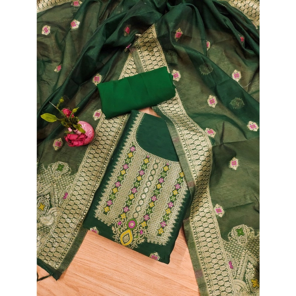 Generic Women's Banarasi Silk Printed Unstitched Salwar Suit Material With Dupatta (Bottle Green, 3Mtrs) - Image 2