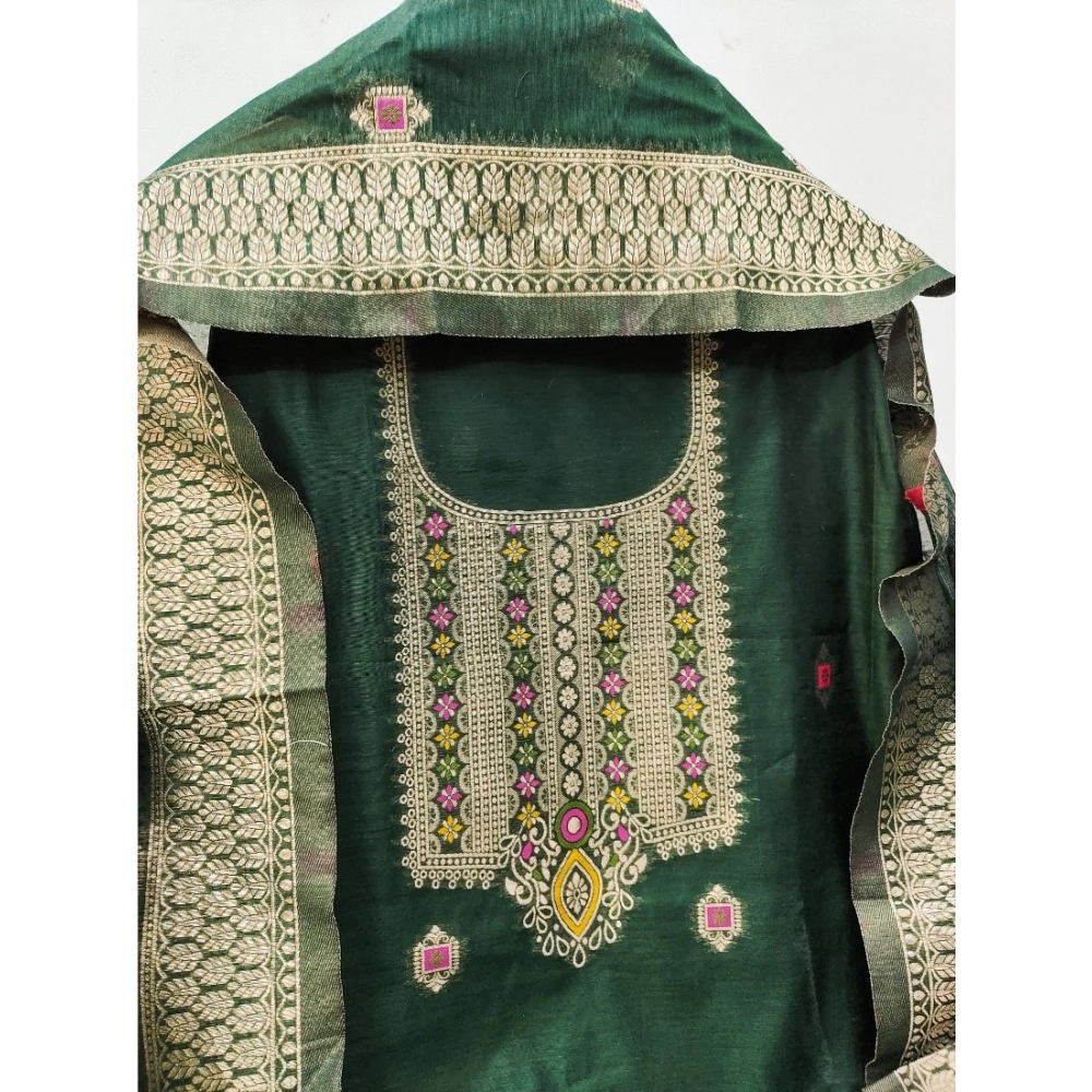 Generic Women's Banarasi Silk Printed Unstitched Salwar Suit Material With Dupatta (Bottle Green, 3Mtrs) - Image 3