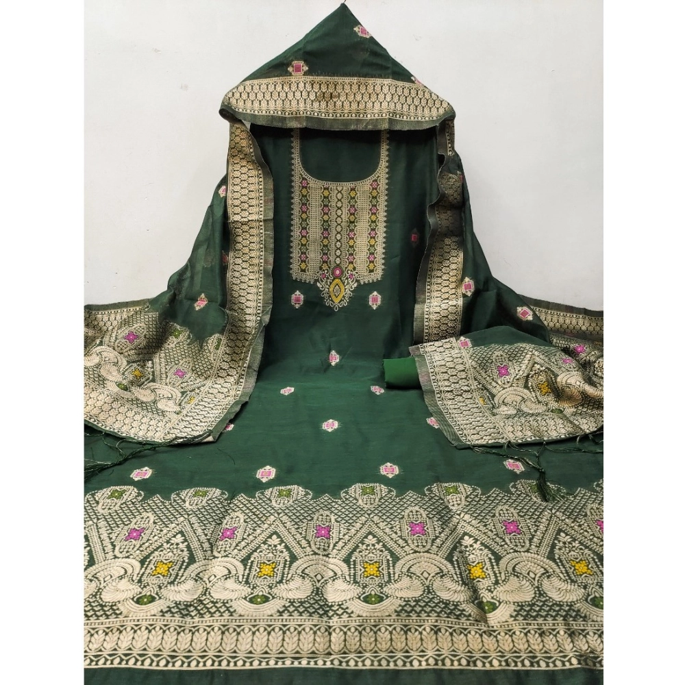 Generic Women's Banarasi Silk Printed Unstitched Salwar Suit Material With Dupatta (Bottle Green, 3Mtrs) - Image 4