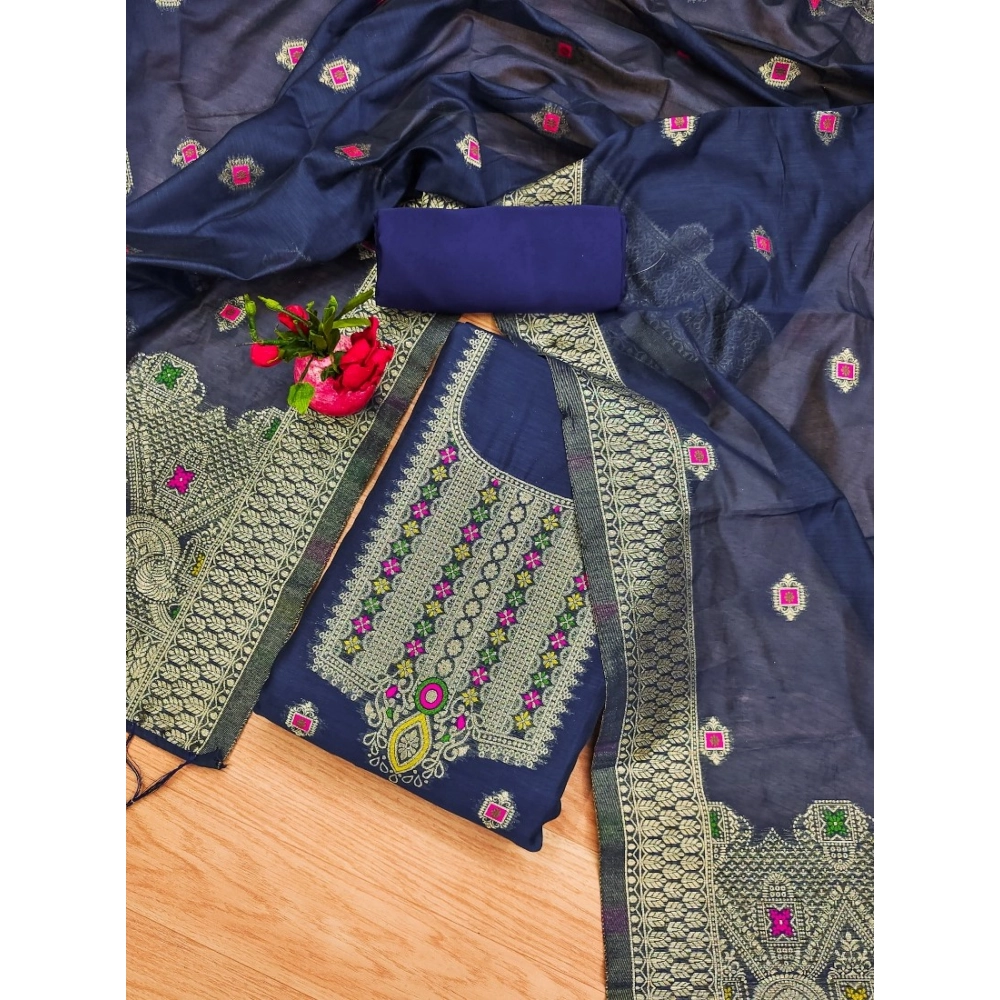 Generic Women's Banarasi Silk Printed Unstitched Salwar Suit Material With Dupatta (Navy Blue, 3Mtrs) - Image 4