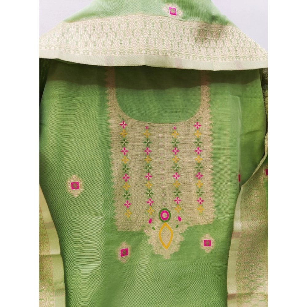 Generic Women's Banarasi Silk Printed Unstitched Salwar Suit Material With Dupatta (Pista, 3Mtrs) - Image 2