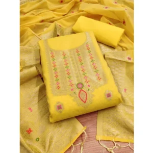 Generic Women's Banarasi Silk Printed Unstitched Salwar Suit Material With Dupatta (Yellow, 3Mtrs)