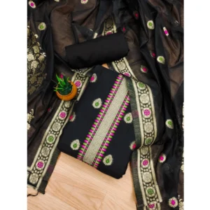 Generic Women's Banarasi Silk Printed Unstitched Salwar Suit Material With Dupatta (Black, 3Mtrs)