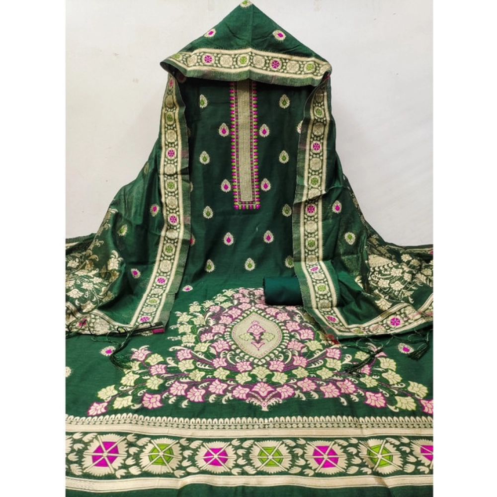 Generic Women's Banarasi Silk Printed Unstitched Salwar Suit Material With Dupatta (Bottle Green, 3Mtrs) - Image 4