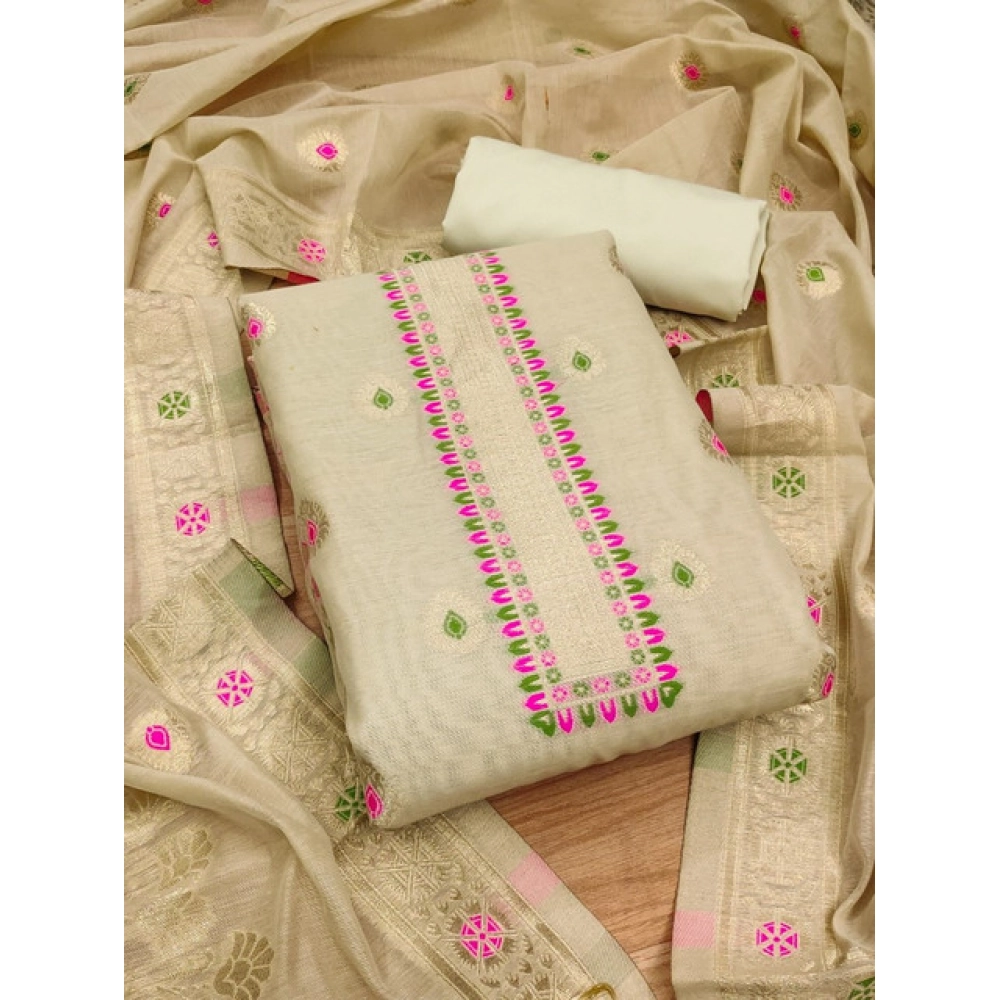 Generic Women's Banarasi Silk Printed Unstitched Salwar Suit Material With Dupatta (Cream, 3Mtrs) - Image 3