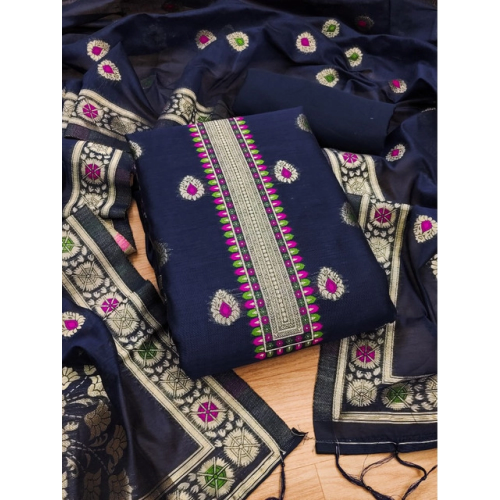 Generic Women's Banarasi Silk Printed Unstitched Salwar Suit Material With Dupatta (Navy Blue, 3Mtrs) - Image 3