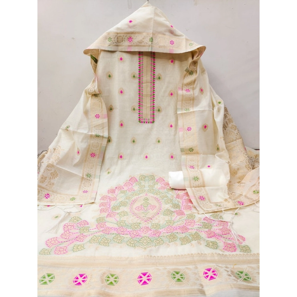 Generic Women's Banarasi Silk Printed Unstitched Salwar Suit Material With Dupatta (White, 3Mtrs) - Image 4