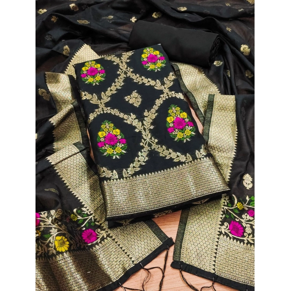 Generic Women's Banarasi Silk Printed Unstitched Salwar Suit Material With Dupatta (Black, 3Mtrs)