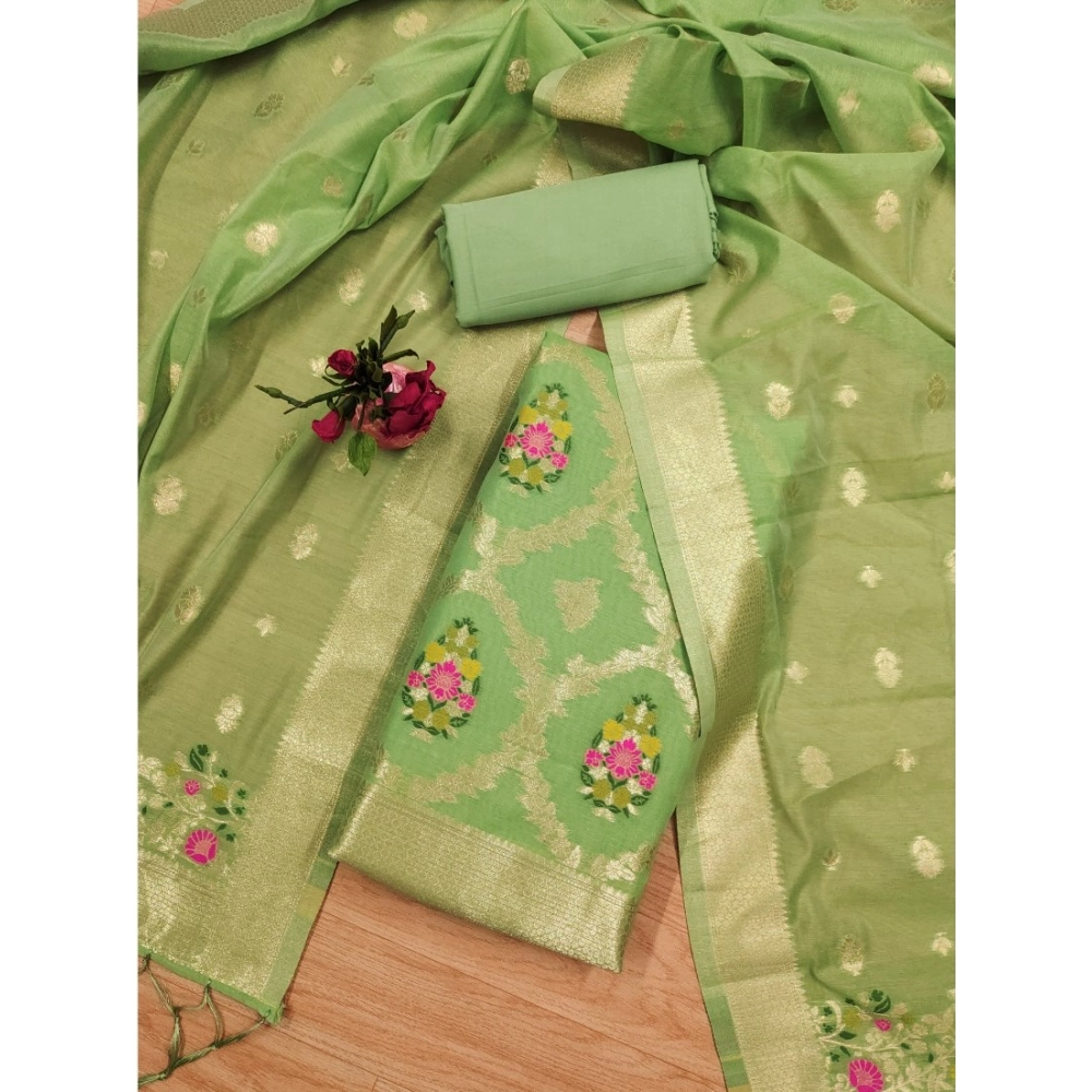Generic Women's Banarasi Silk Printed Unstitched Salwar Suit Material With Dupatta (Pista, 3Mtrs)