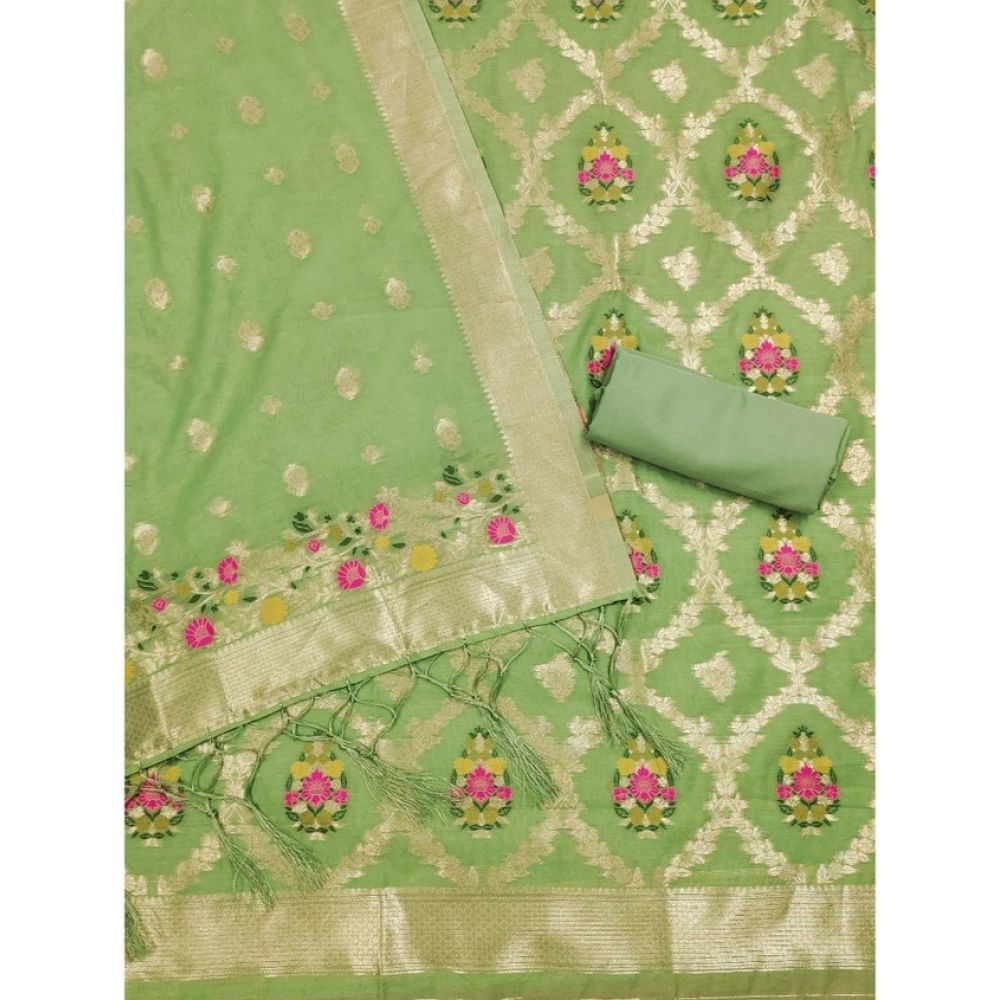 Generic Women's Banarasi Silk Printed Unstitched Salwar Suit Material With Dupatta (Pista, 3Mtrs) - Image 2