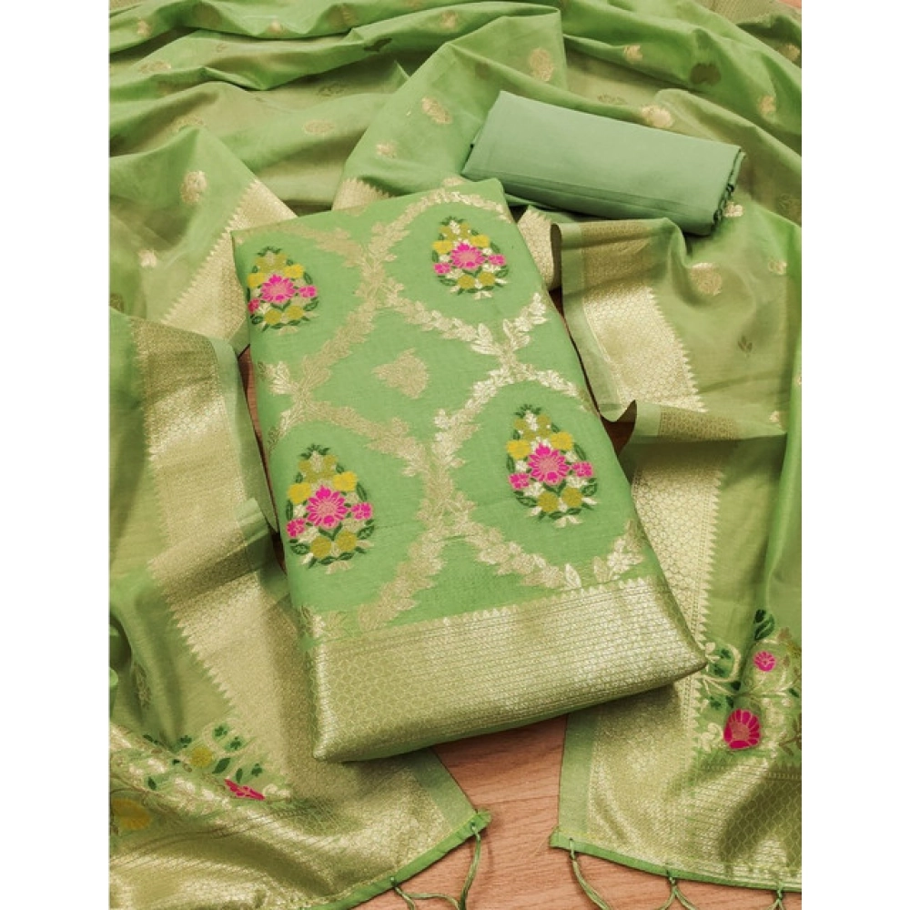 Generic Women's Banarasi Silk Printed Unstitched Salwar Suit Material With Dupatta (Pista, 3Mtrs) - Image 4