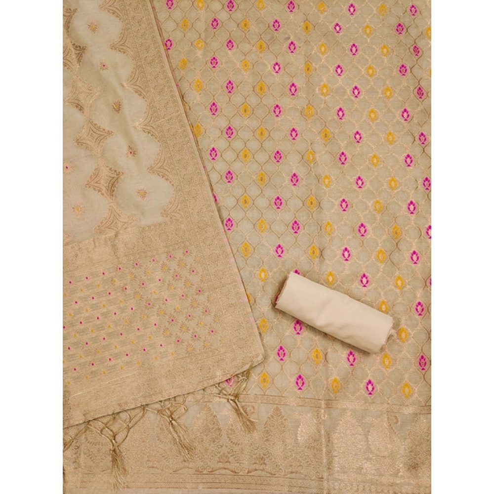 Generic Women's Banarasi Silk Printed Unstitched Salwar Suit Material With Dupatta (Cream, 3Mtrs) - Image 2