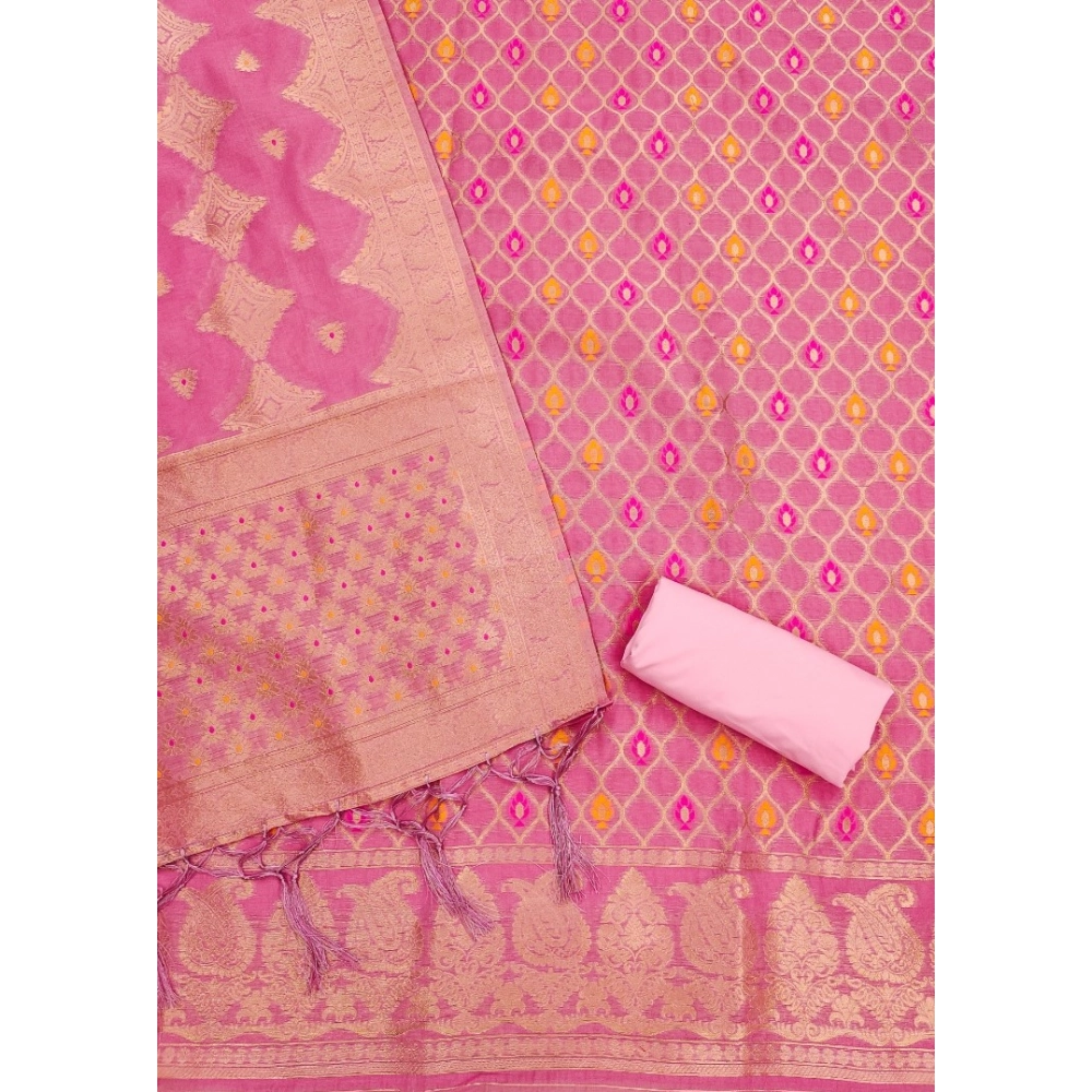 Generic Women's Banarasi Silk Printed Unstitched Salwar Suit Material With Dupatta (Pink, 3Mtrs) - Image 3
