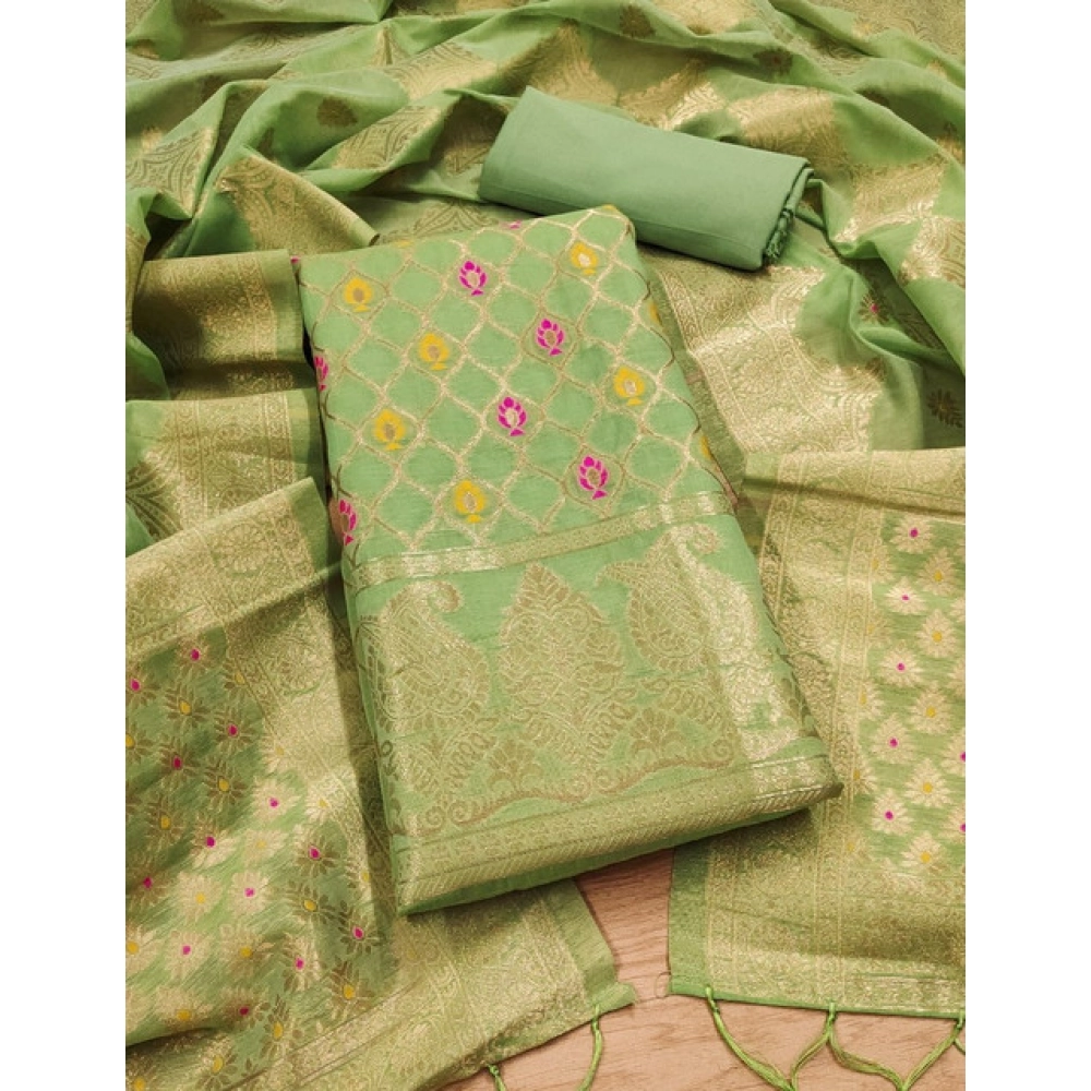 Generic Women's Banarasi Silk Printed Unstitched Salwar Suit Material With Dupatta (Pista, 3Mtrs) - Image 4