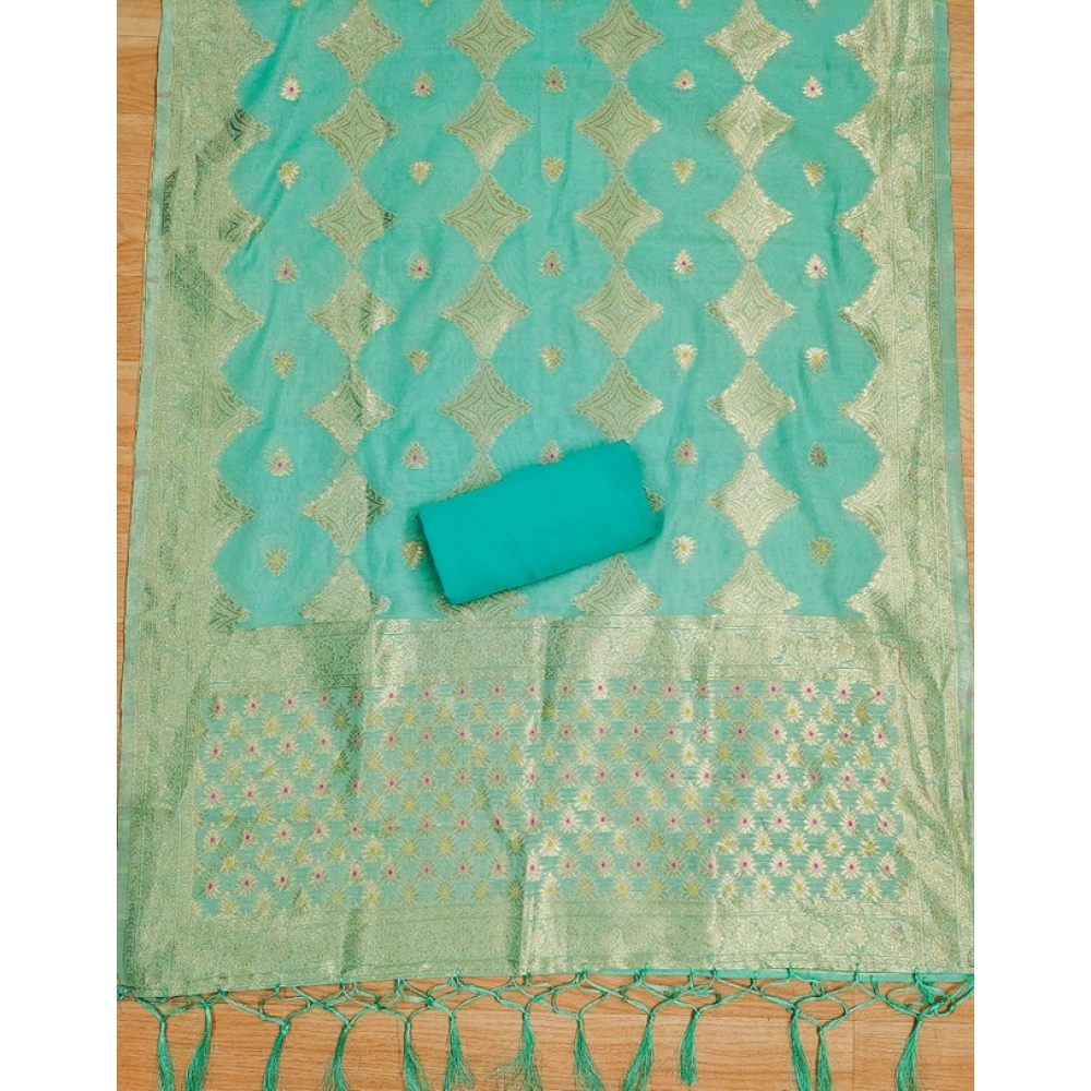 Generic Women's Banarasi Silk Printed Unstitched Salwar Suit Material With Dupatta (sea green, 3Mtrs) - Image 2