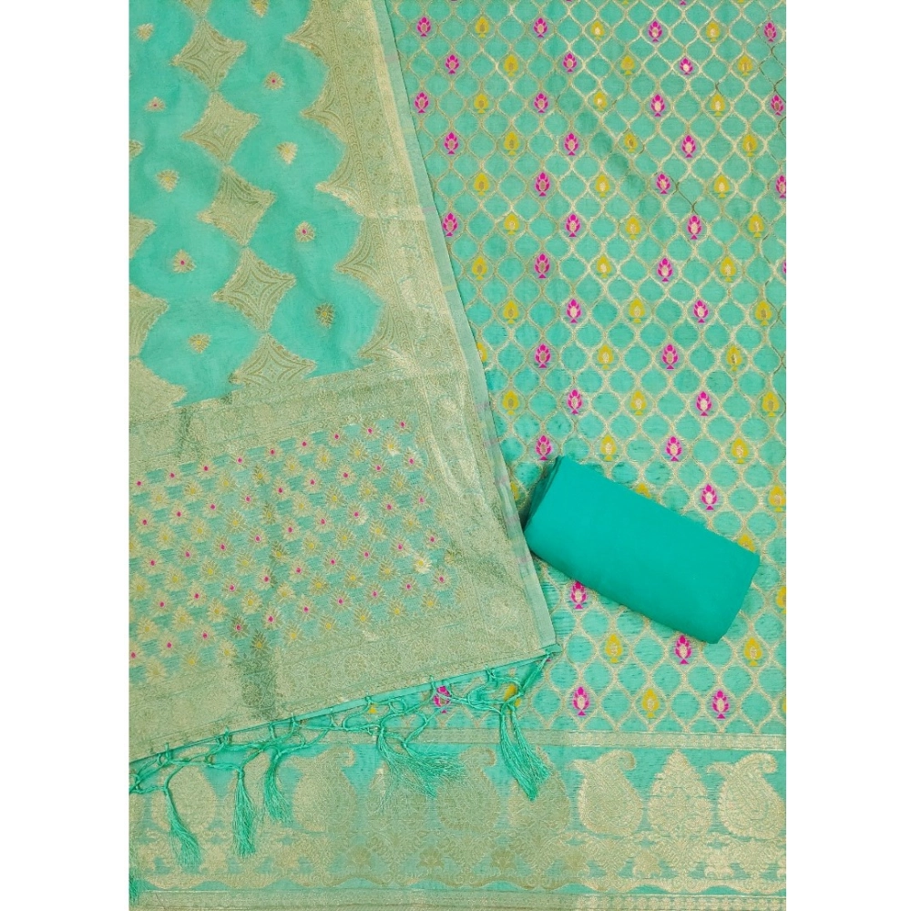Generic Women's Banarasi Silk Printed Unstitched Salwar Suit Material With Dupatta (sea green, 3Mtrs) - Image 3