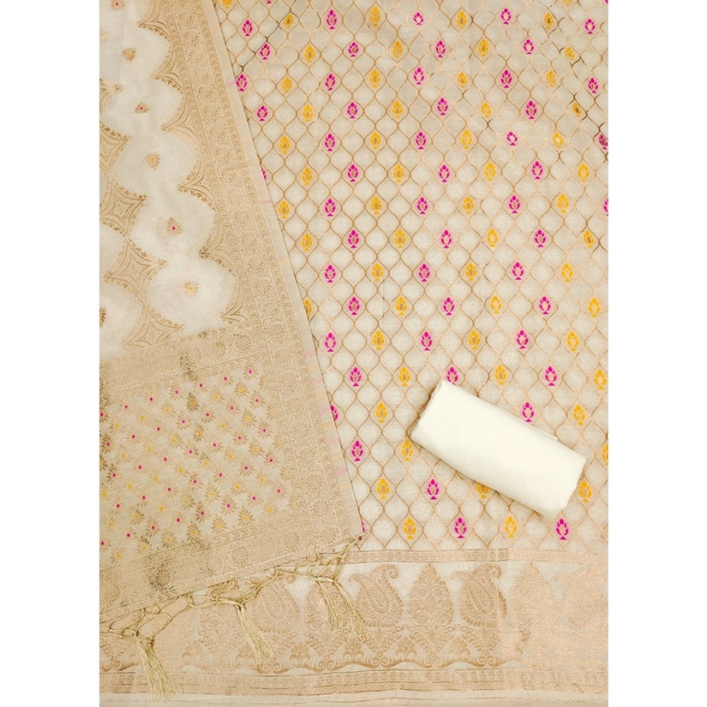 Generic Women's Banarasi Silk Printed Unstitched Salwar Suit Material With Dupatta (White, 3Mtrs) - Image 3