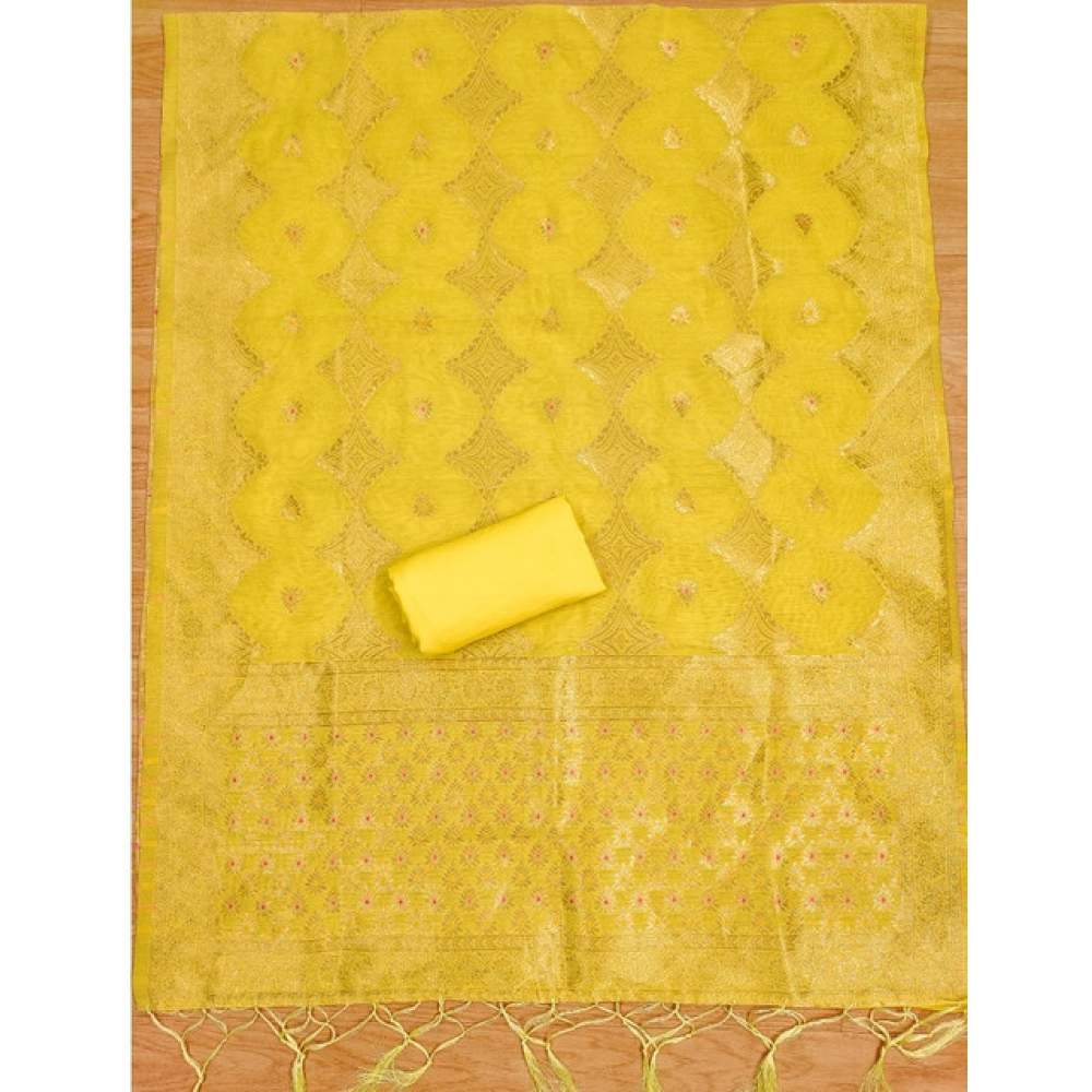 Generic Women's Banarasi Silk Printed Unstitched Salwar Suit Material With Dupatta (Yellow, 3Mtrs) - Image 2