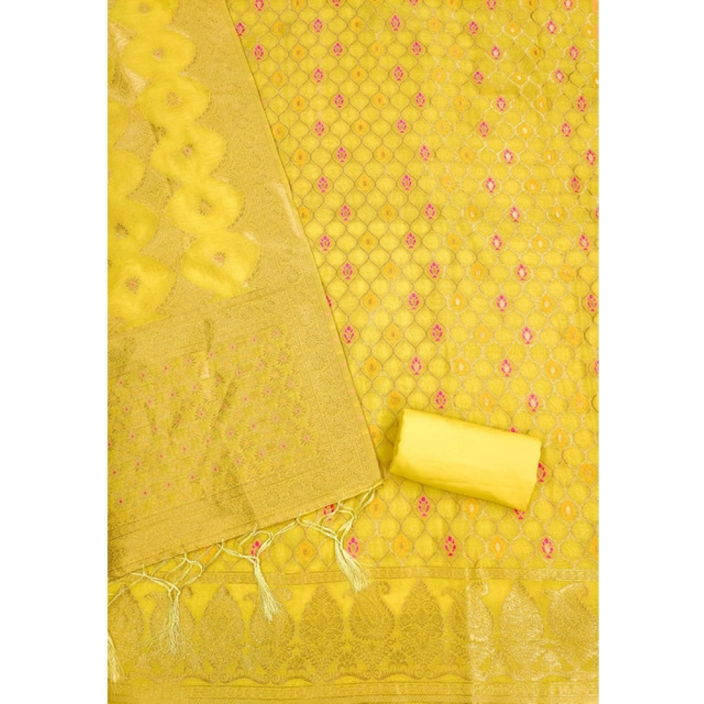 Generic Women's Banarasi Silk Printed Unstitched Salwar Suit Material With Dupatta (Yellow, 3Mtrs) - Image 3