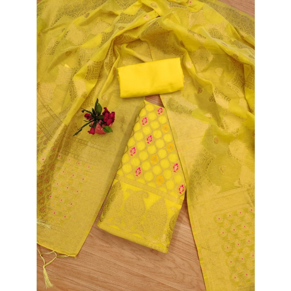 Generic Women's Banarasi Silk Printed Unstitched Salwar Suit Material With Dupatta (Yellow, 3Mtrs) - Image 4