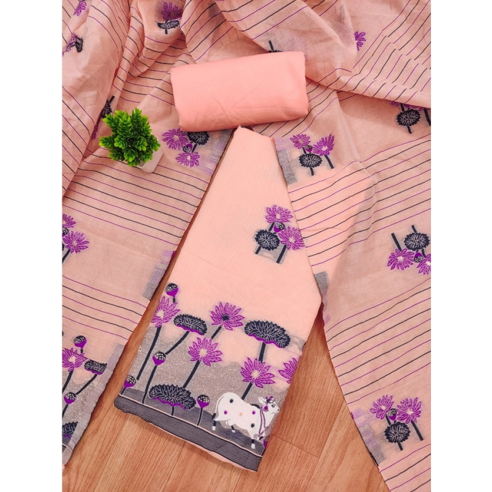 Generic Women's Banarasi Silk Printed Unstitched Salwar Suit Material With Dupatta (Peach, 3Mtrs) - Image 4