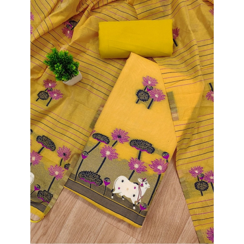 Generic Women's Banarasi Silk Printed Unstitched Salwar Suit Material With Dupatta (Yellow, 3Mtrs) - Image 4
