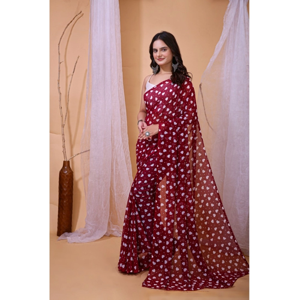 Generic Women's Georgette Printed Saree With Unstitched Blouse 5.5Mtr (Maroon) - Image 3