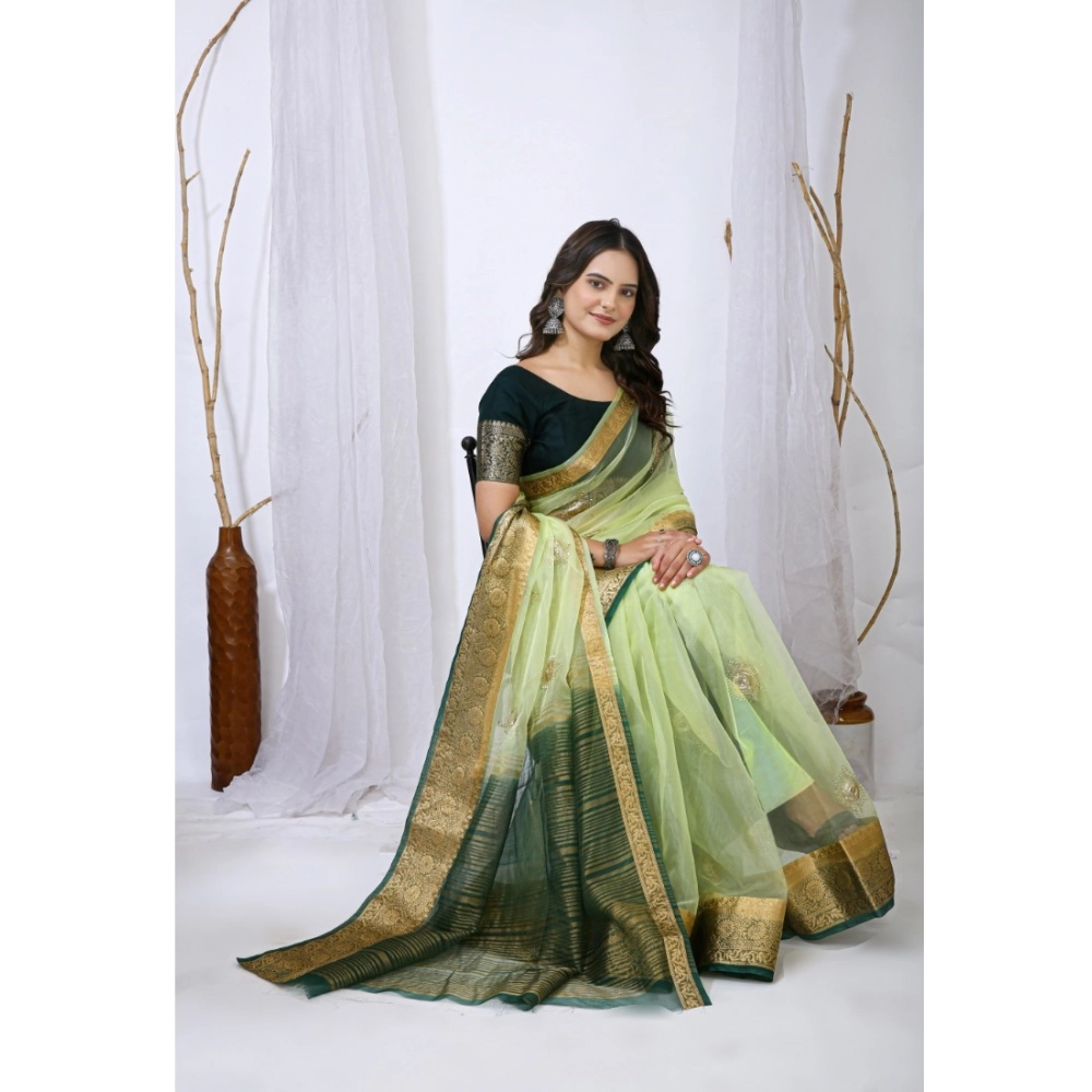 Generic Women's Organza jacquard Embellished Saree With Unstitched Blouse 5.5Mtr (Light Green) - Image 2