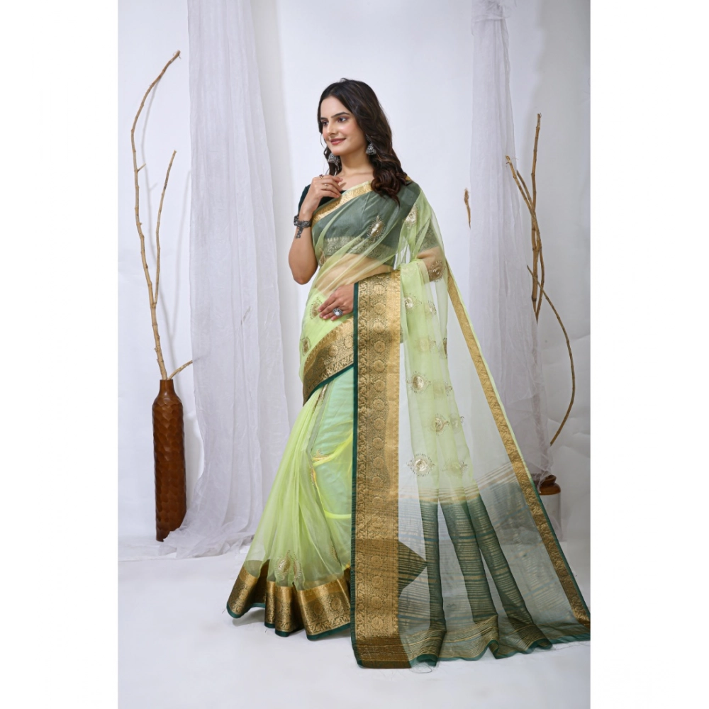 Generic Women's Organza jacquard Embellished Saree With Unstitched Blouse 5.5Mtr (Light Green) - Image 3