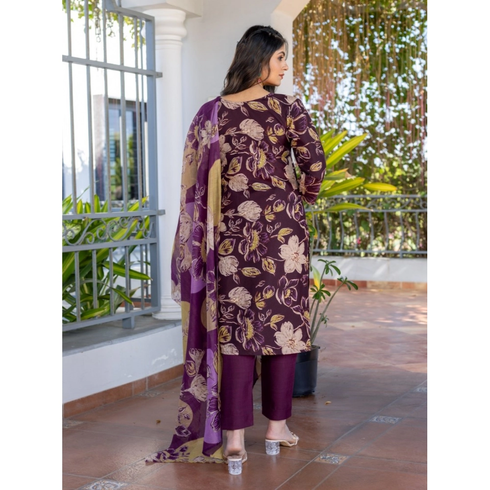 Generic Women's Cotton Blend Printed Kurti With Pant Dupatta Set (Purple) - Image 4