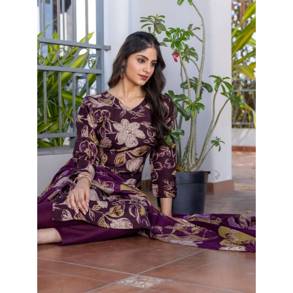 Generic Women's Cotton Blend Printed Kurti With Pant Dupatta Set (Purple) - Image 3