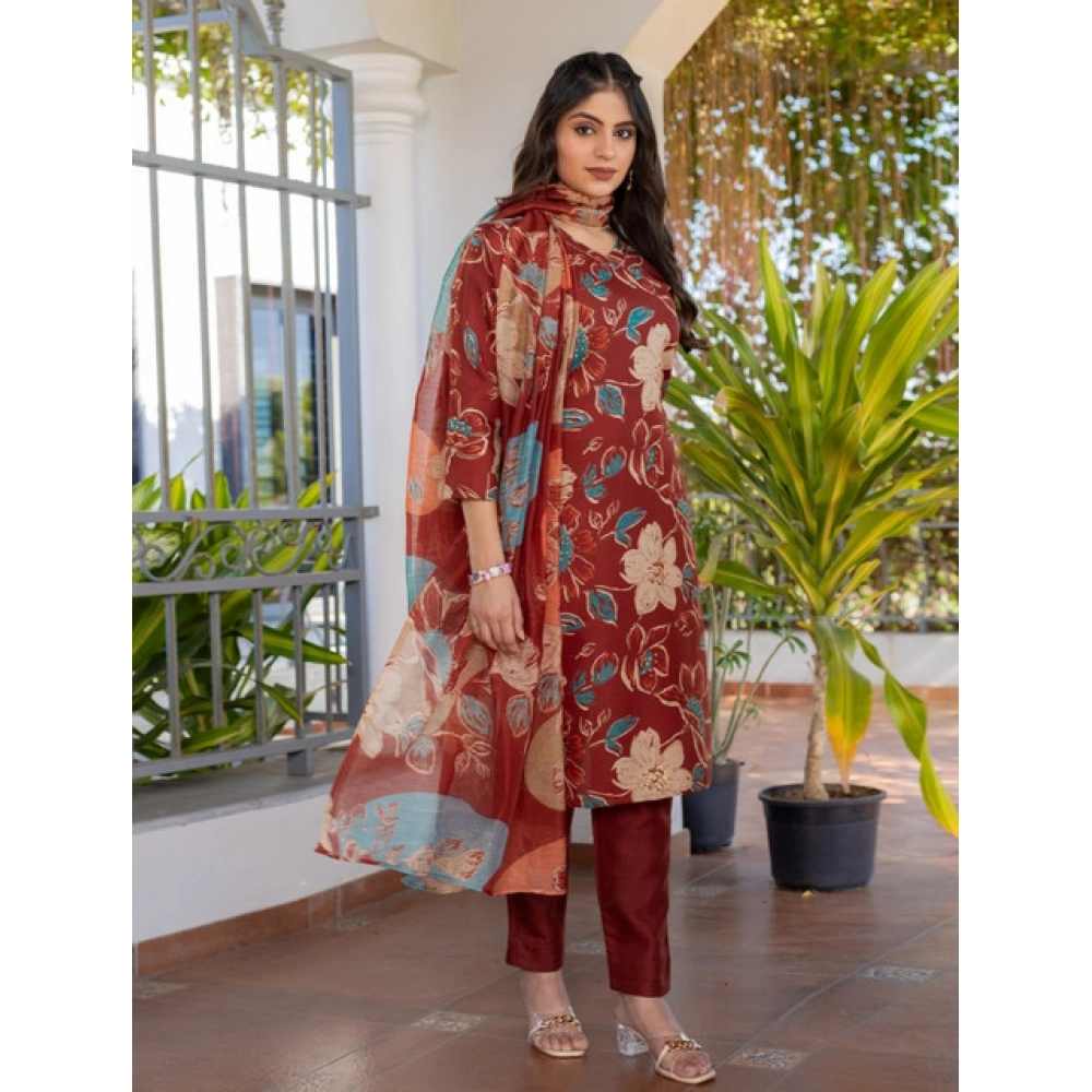 Generic Women's Cotton Blend Printed Kurti With Pant Dupatta Set (Rust) - Image 4