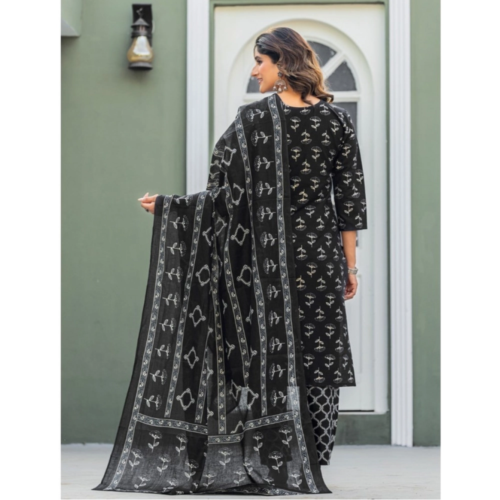 Generic Women's Cotton Blend Printed Kurti With Pant Dupatta Set (Black) - Image 3